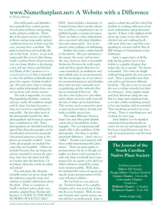 Journal of the South Carolina Native Plant Society, Fall 2007